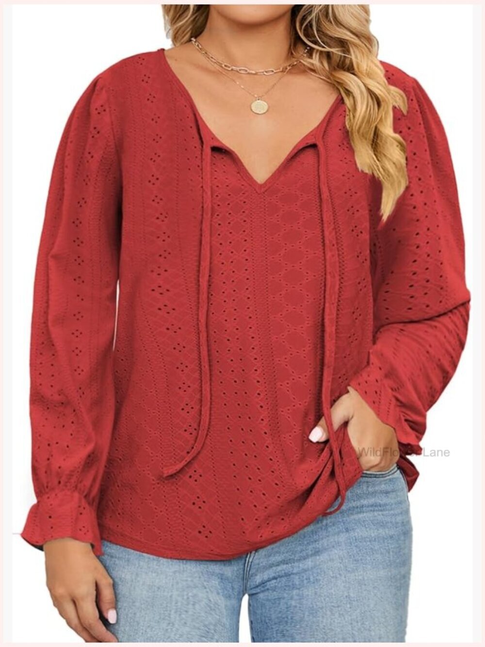 Plus Size V-Neck Puff Sleeve Eyelet Drawstring Shirt Top